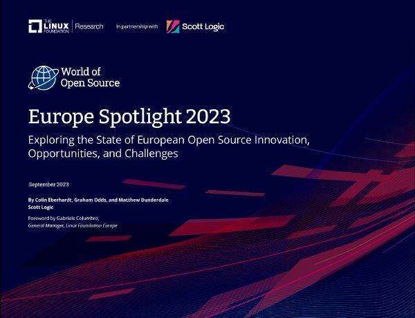 The first page of the Linux Foundation report that reads "Europe Spotlight 2023: Exploring the state of European Open Source Innovation, Challenges and Opportunities"